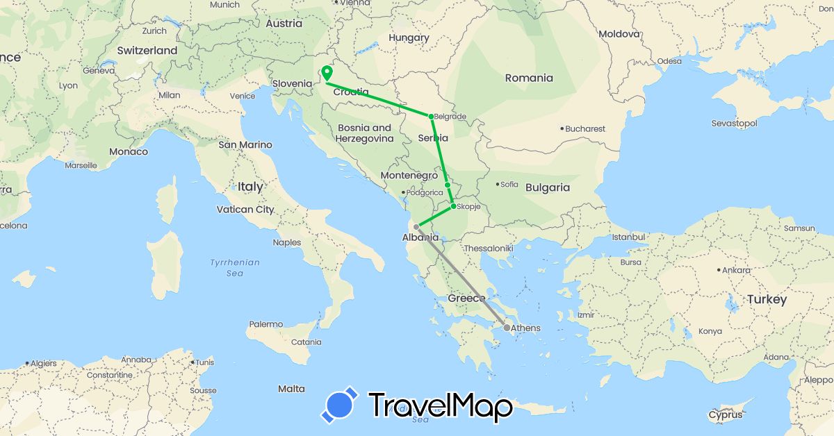 TravelMap itinerary: driving, bus, plane in Albania, Greece, Croatia, Macedonia, Serbia, Kosovo (Europe)